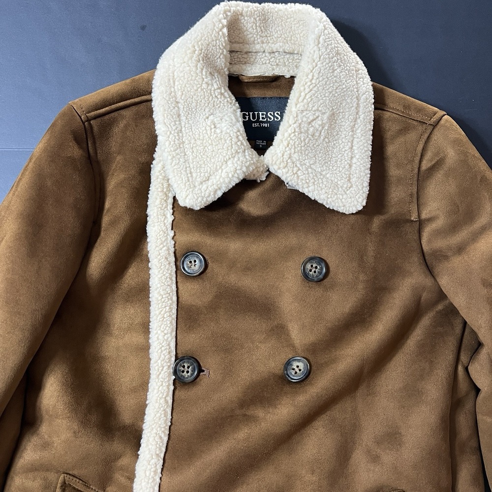 Guess Overcoat Jacket Mens Small Brown Fleece Sherpa Preppy Luxury Retail $350